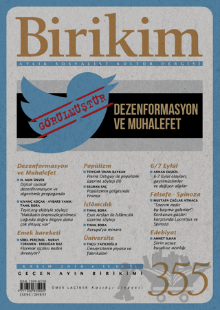 Birikim Aylık Sosyalist Kültür Dergisi Sayı: 355 Kasım 2018