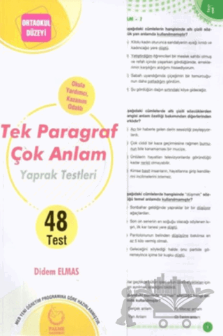 Ortaokul Düzeyi Tek Paragraf Çok Anlam Yaprak Test
