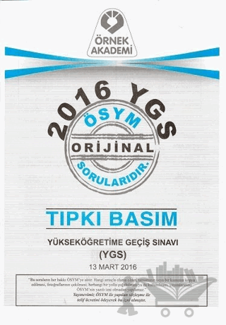 2016 YGS ÖSYM Tıpkı Basım Soru Kitapçığı